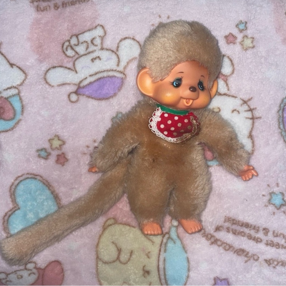 Adorable Plush Vintage Monchhichi with Red polka-dot bib